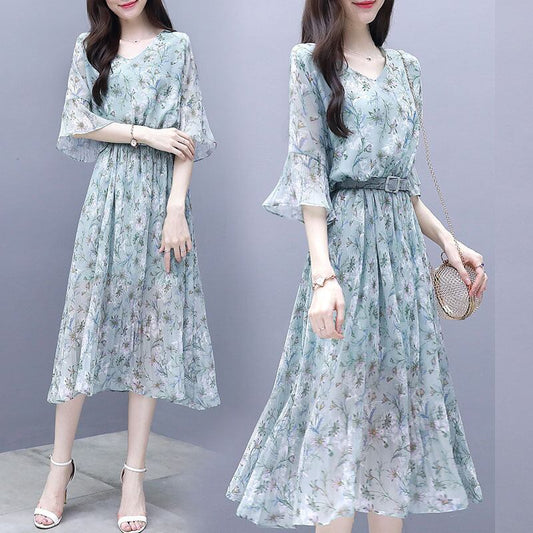 【dress】女性力を高める〜Vネックフレアスリーブ韓国ファッション花柄ワンピースF0295