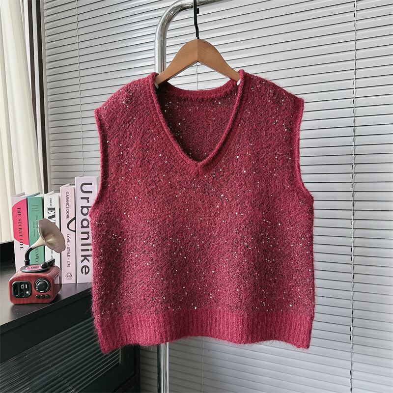 【tops】スパンコールニットベスト　M29540