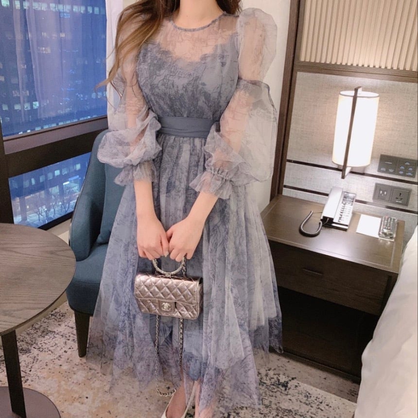【dress】パフスリーブチュールワンピース　M30144