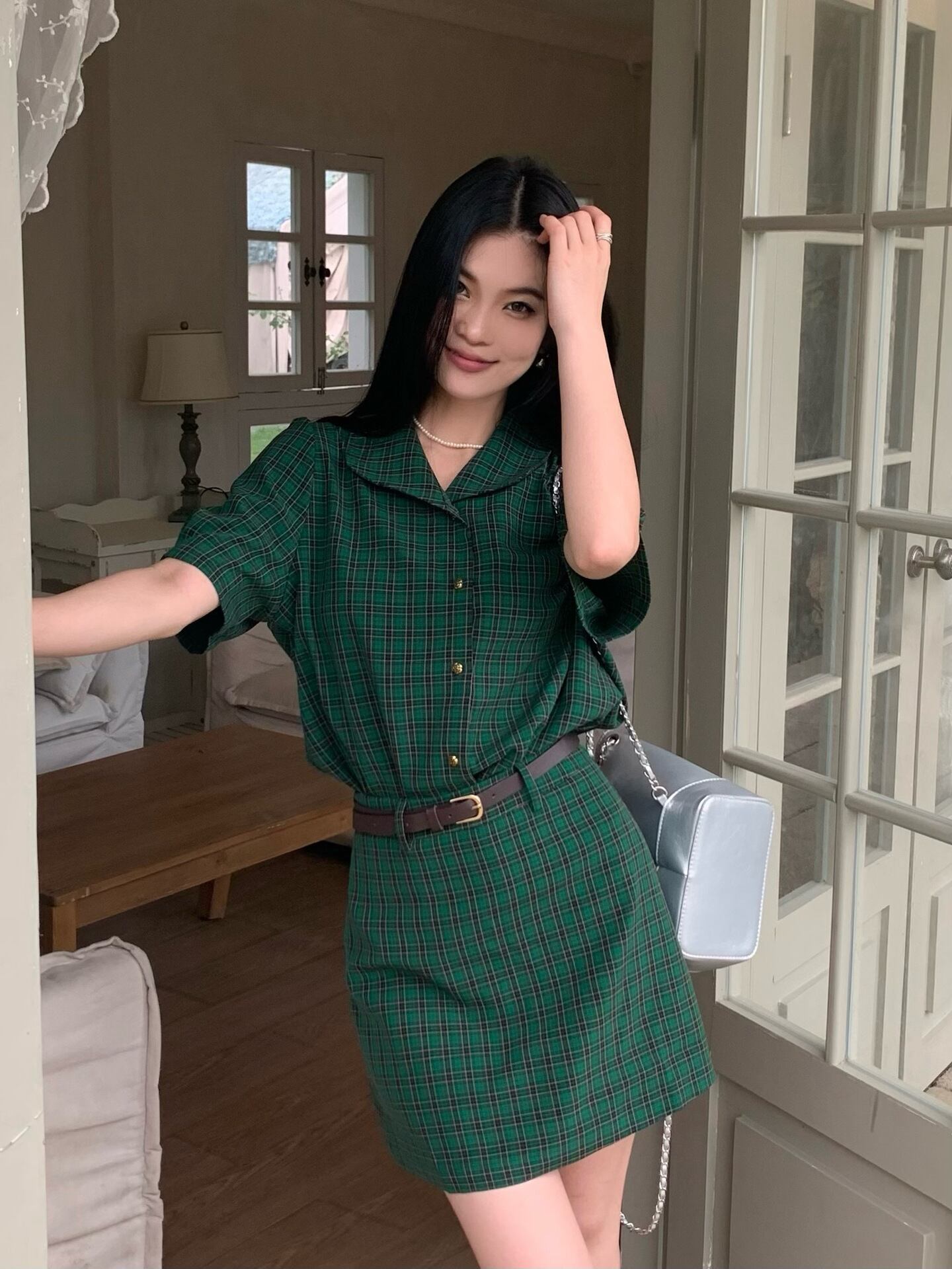 【set】チェック柄ブラウス+スカート２点セットG21572