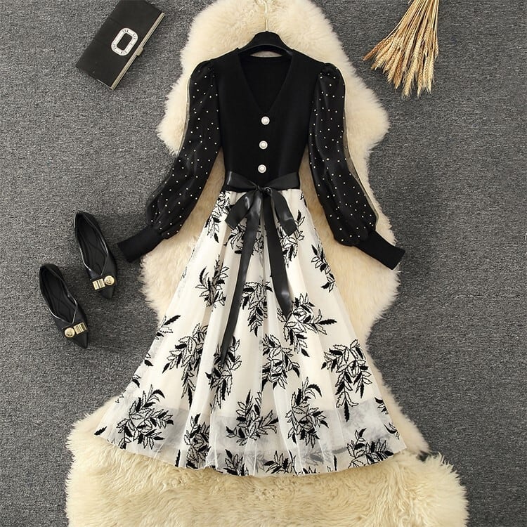 【dress】上品な質感!気質満点レトロシンプルフランス風秋冬偽二つ切り替えワンピース G3178