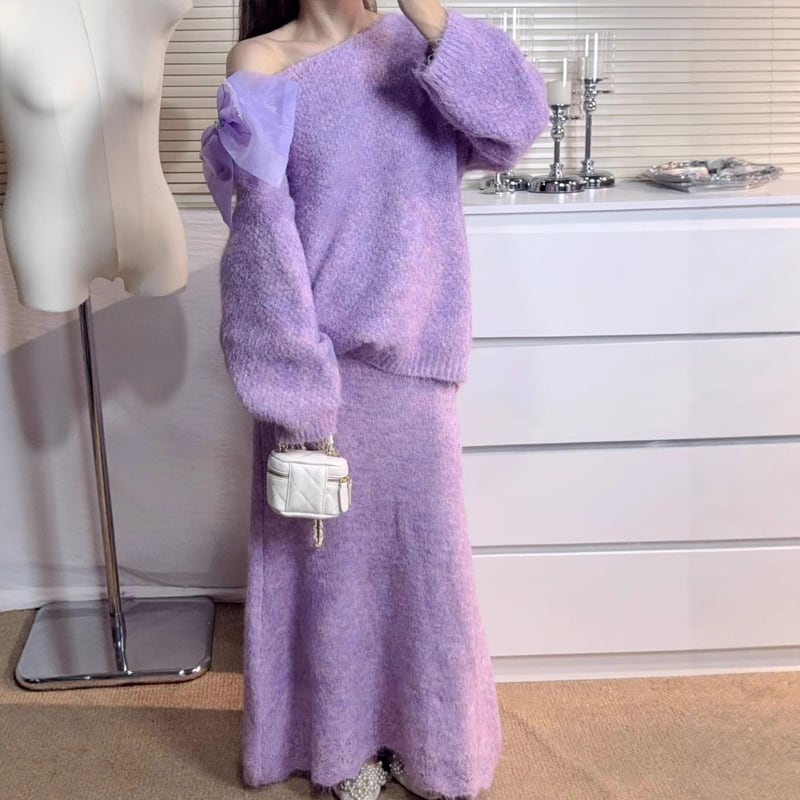 【set】リボン付きニットトップス×ロングスカートセット Q7290