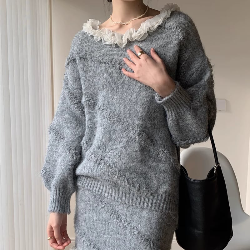 【set】ギャザーフリルニットトップス×ミニスカートセット Q7658