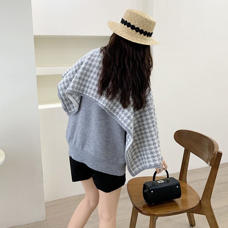 【tops】千鳥格子ドッキングニットセーター　M18543