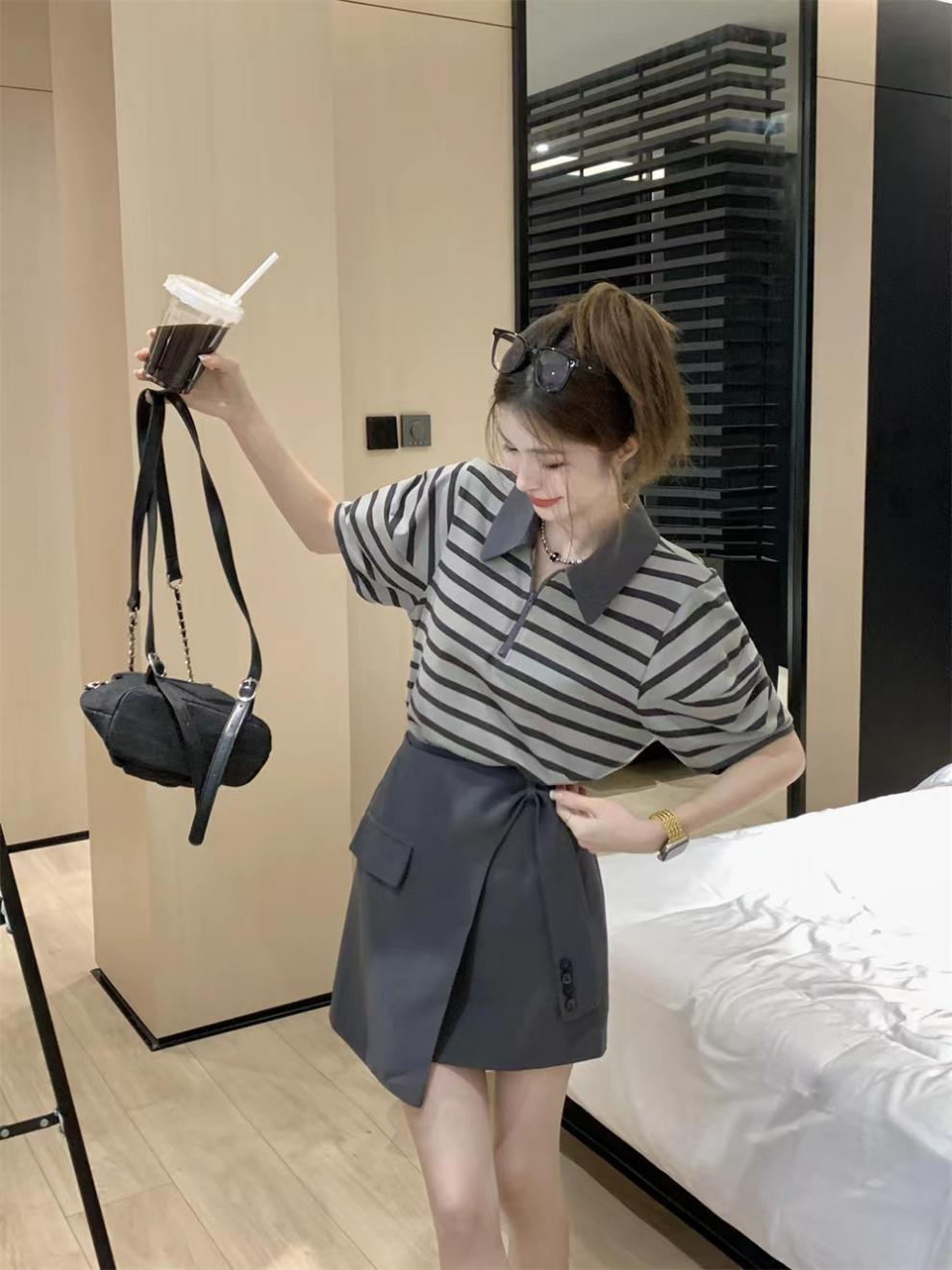 【set】ストライプ柄Tシャツ+スカート２点セットG21355