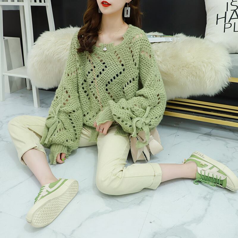 【tops】韓国ファッション3色ラウンドネック長袖透かし彫り薄手ニットセーターF0634