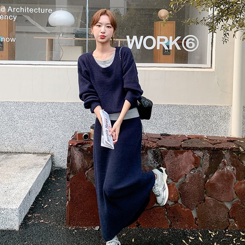【set】キャミ×ニットトップス×ロングスカート3点セット Q6974