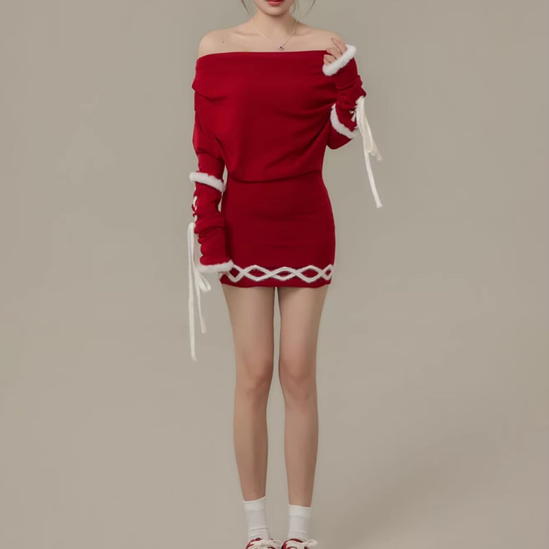 【dress】ファー付きオフショルダーニットワンピース Q7730