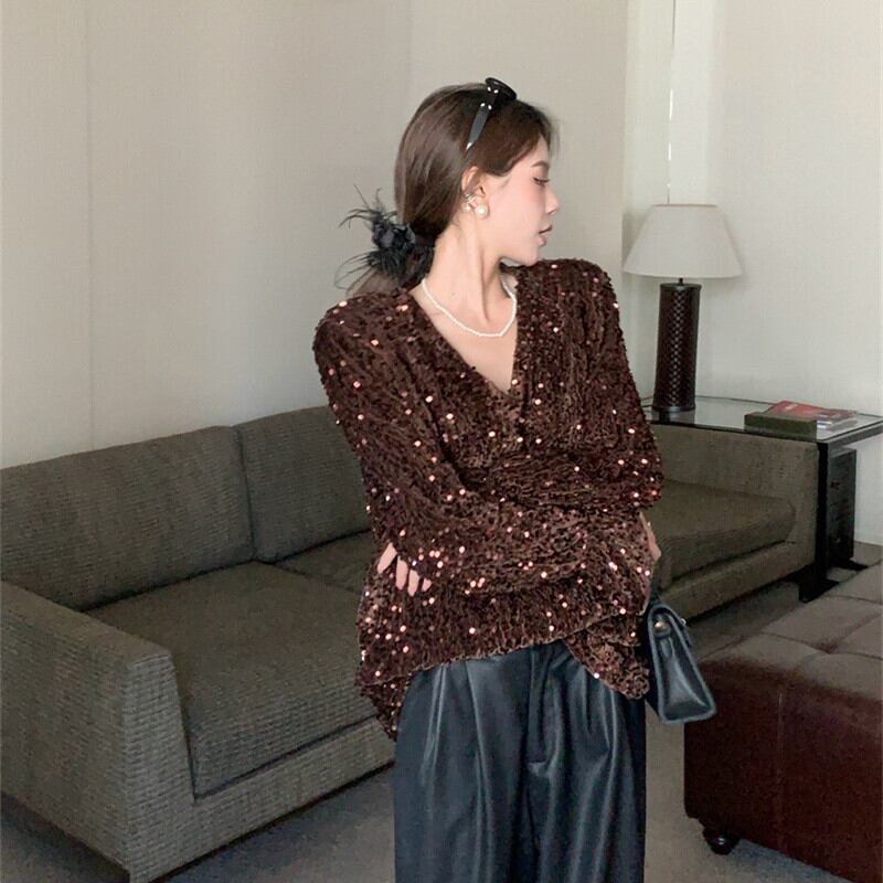 【tops】スパンコールVネックトップス　M28576
