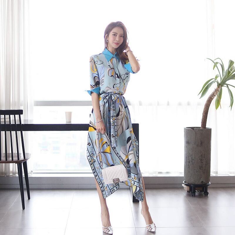 【dress】韓国風気質満点ファッション折り襟不規則 プリントワンピース G0398