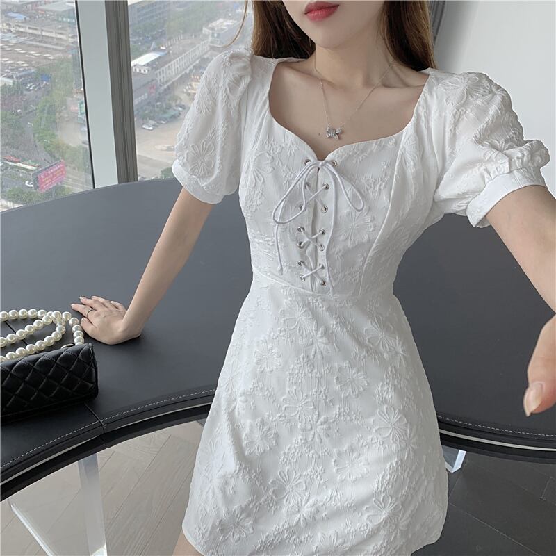 【dress】必ず目を引くスクエアネック半袖花模様Aライン体型カバーワンピース F0410