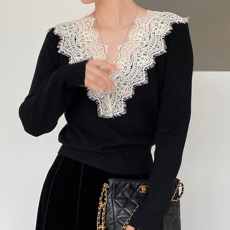 【tops】Vネックレースドッキングニットトップス Q7241