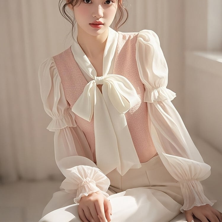 【tops】ドッキングリボン付きブラウス　M29598