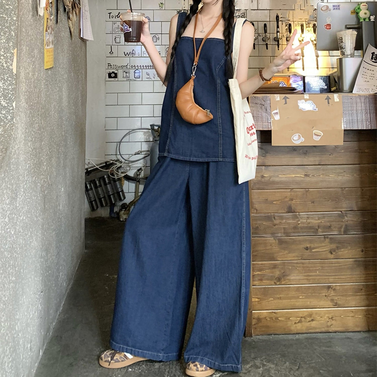 【set】バックリボンデニムトップス×ワイドパンツセット    N2682