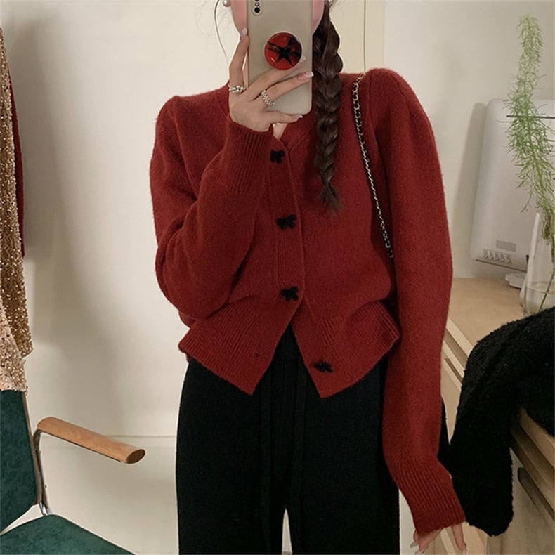 【outer】リボン付きニットカーデ　M25847