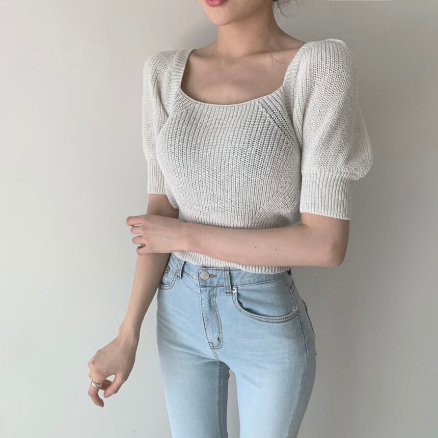 【tops】大人可愛いパフスリーブ無地ショート丈ボウタイニットF0022