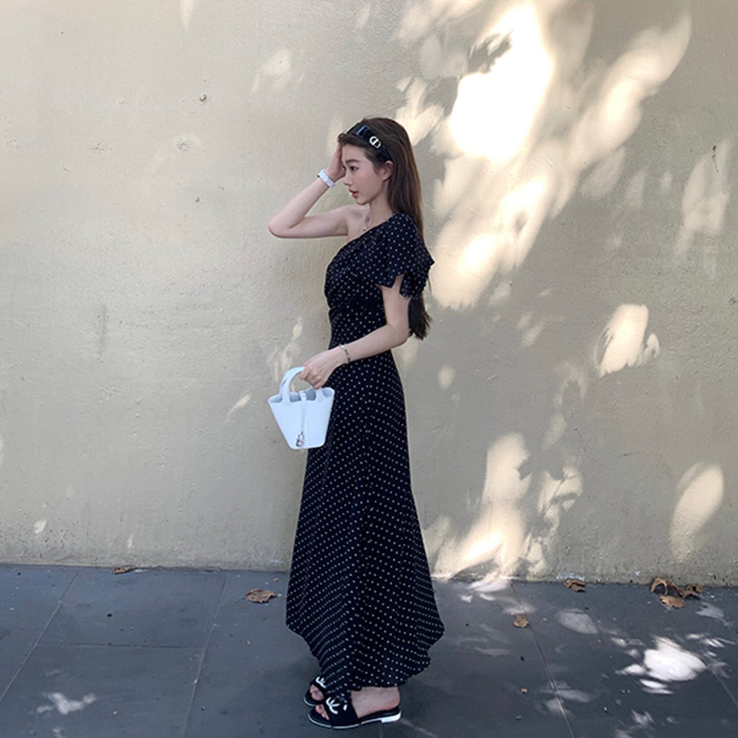 【dress】ワンショルダーリボンドット柄ワンピース　N3045