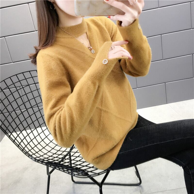 【tops】選べる5色！ハーフネック長袖メッシュ切り替え無地お洒落韓国風ニットセーターF0861