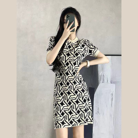 【dress】ラウンドネック配色ニットワンピースF7389