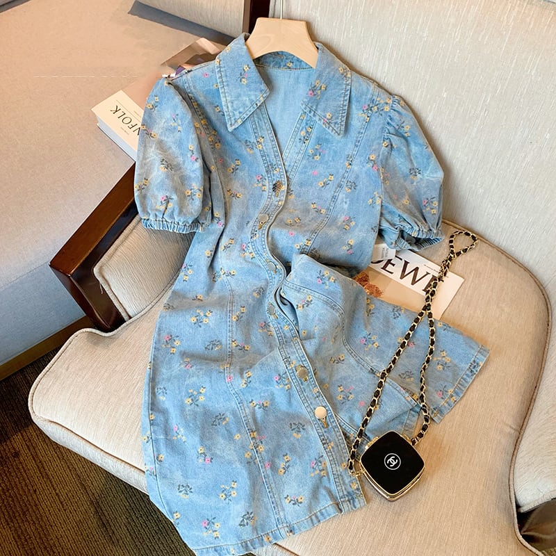 【dress】POLOネック花柄デニムワンピース G20664