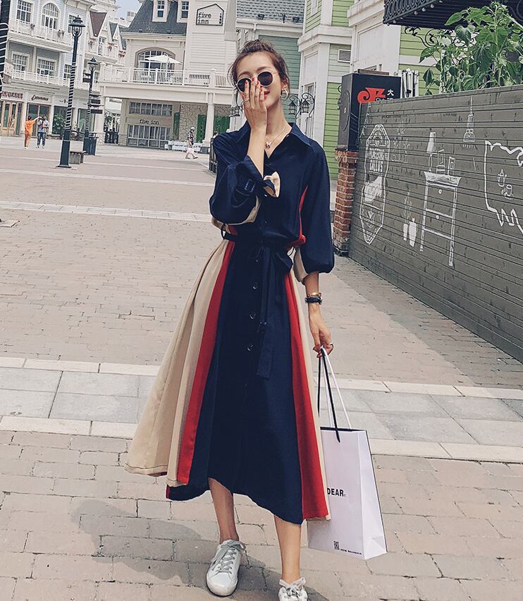 【dress】気質満点POLOネックスウィート長袖デザイン着痩せワンピース G1510