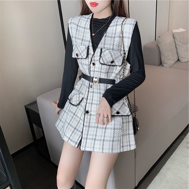 【set】オシャレ度満点〜無地着やせＴシャツ+チェック柄ベスト通勤日常ファッション2点セットF0782