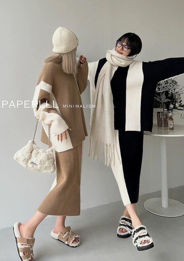 【set】ハイネックセーター+スカート配色２点セット F6295