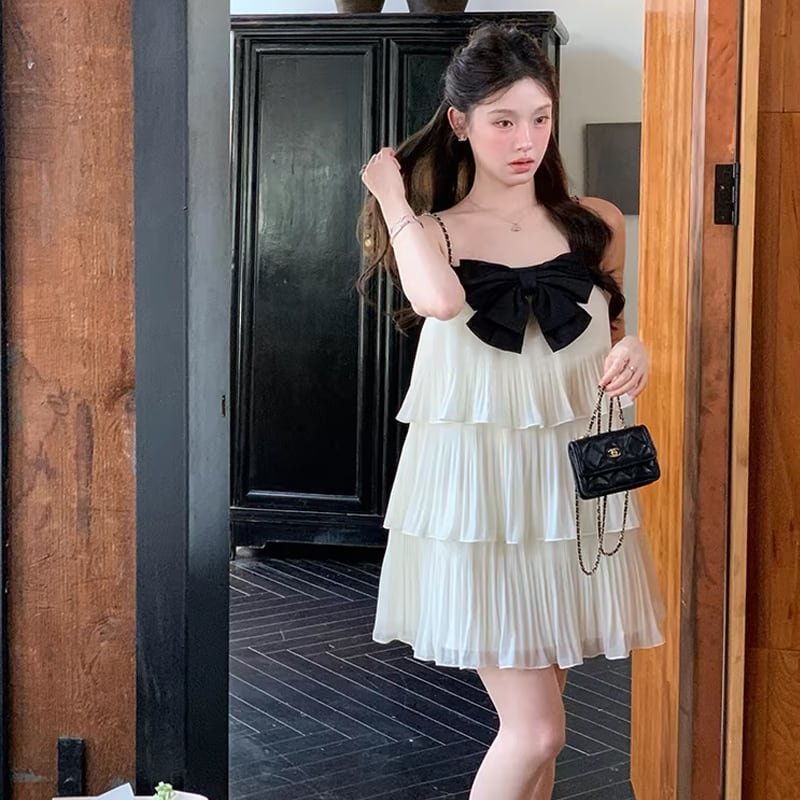 【dress】リボン付きティアードキャミワンピース Q8464