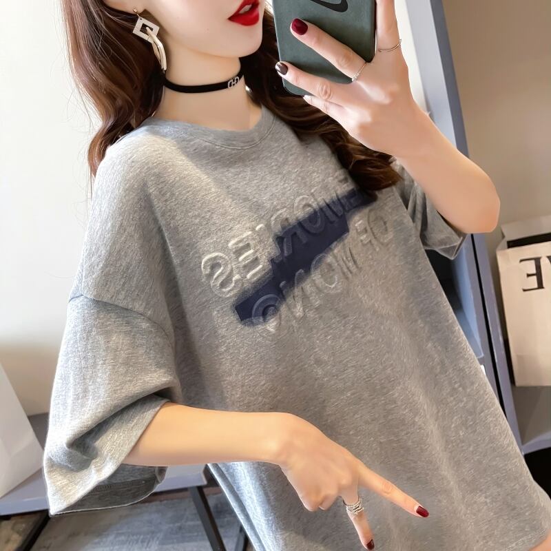 【tops】ラウンドネック半袖ゆったり着回し英字柄配色TシャツF0054
