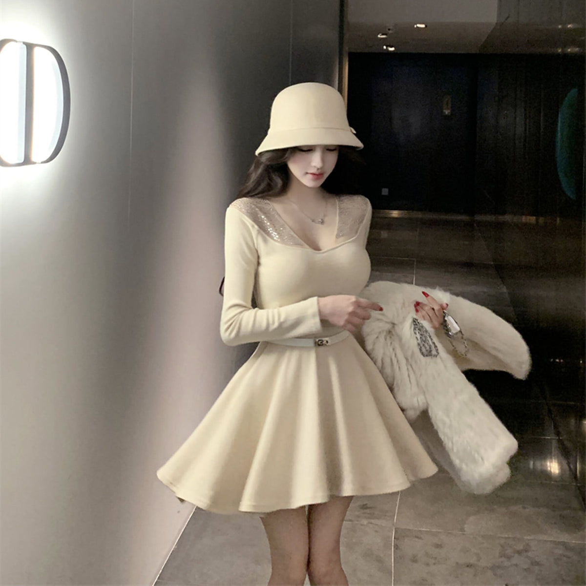 【dress】ラインストーンチュールニットミニワンピース　N3508