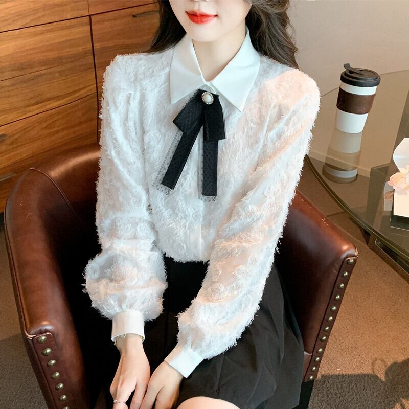 【tops】リボン付きレースシャツトップス　M18686