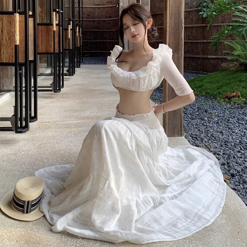 【set】フリルカラートップス×ロングスカートセット Q8312