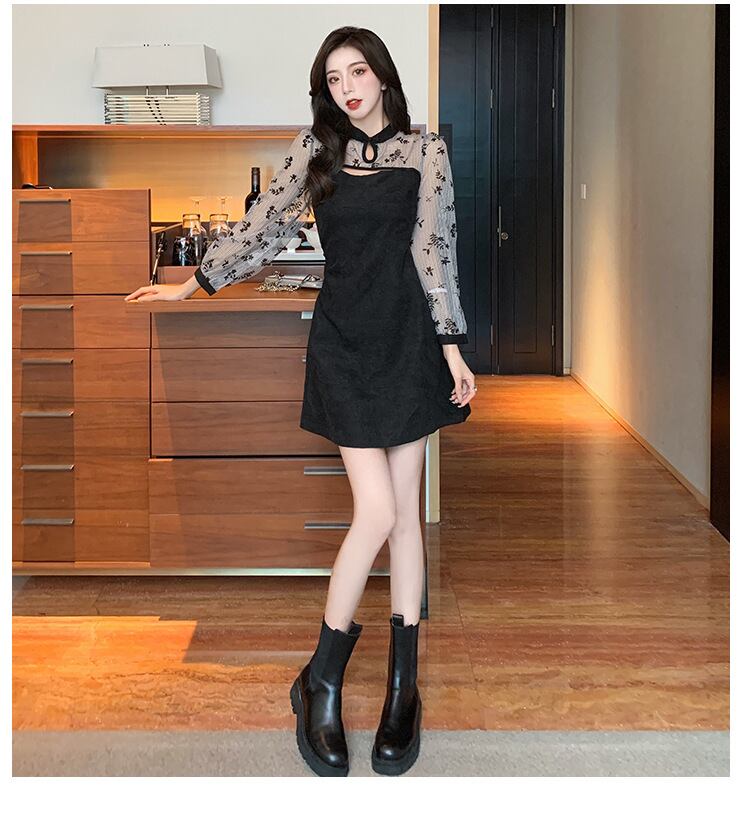 【dress】韓流スタイル!気質満点秋冬スタンドネックデザイン切り替えワンピース G2066