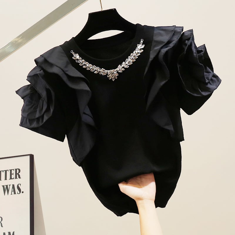 【tops】ラインストーンフリルＴシャツF7299