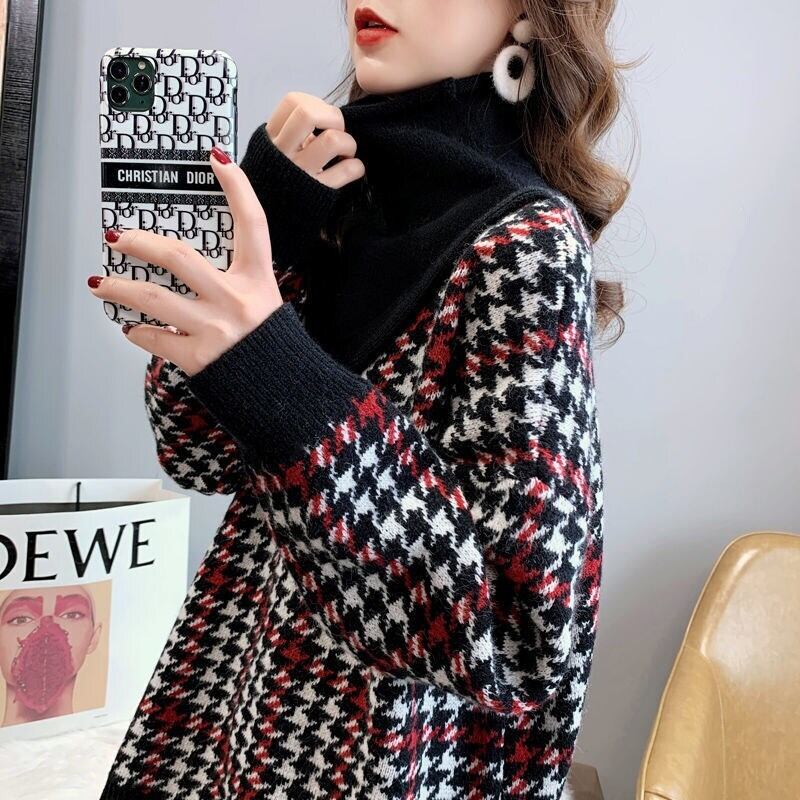 【tops】美人度アップ!韓国系ハイネック偽二つ切り替え秋冬ゆったりルーズ厚手セーター G3658