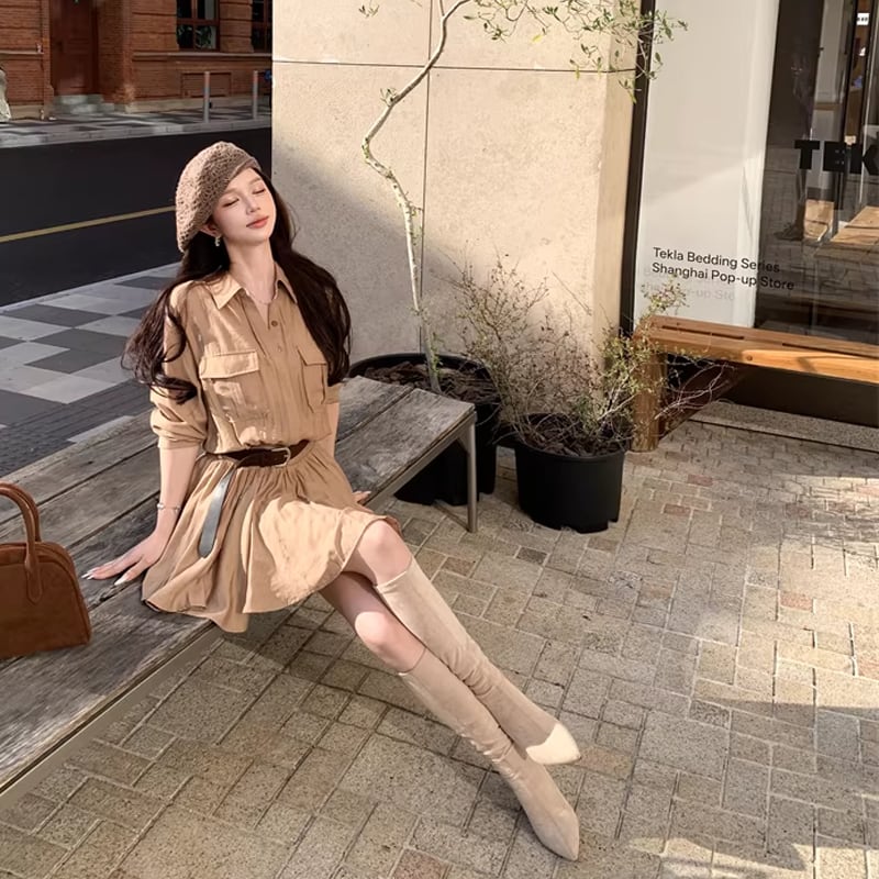 【dress】ベルト付きシャツワンピース Q8300