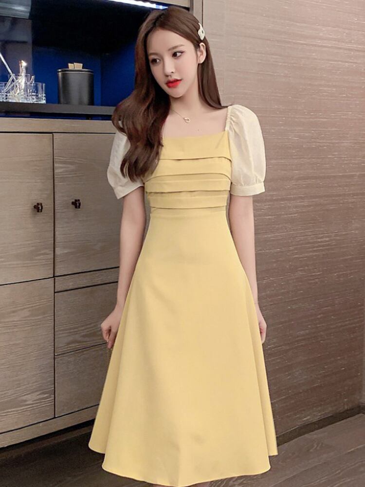 【dress】好感度UP!気質満点レトロパフスリーブ切り替えワンピース