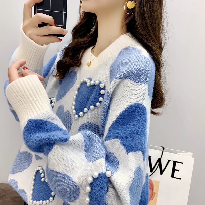 【tops】必ず目を引く2色ラウンドネック長袖ハート柄配色ゆったりビーズ飾りニットセーターF0682