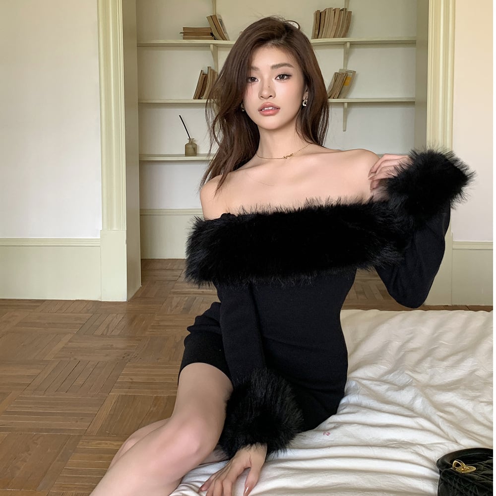 【dress】ファーボートネックワンピース　M27494