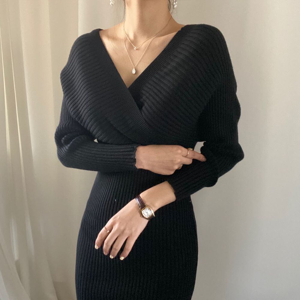 【dress】好感度UP!気質満点 韓国系スリット体型カバー長袖Vネック着痩せニットワンピース G2947
