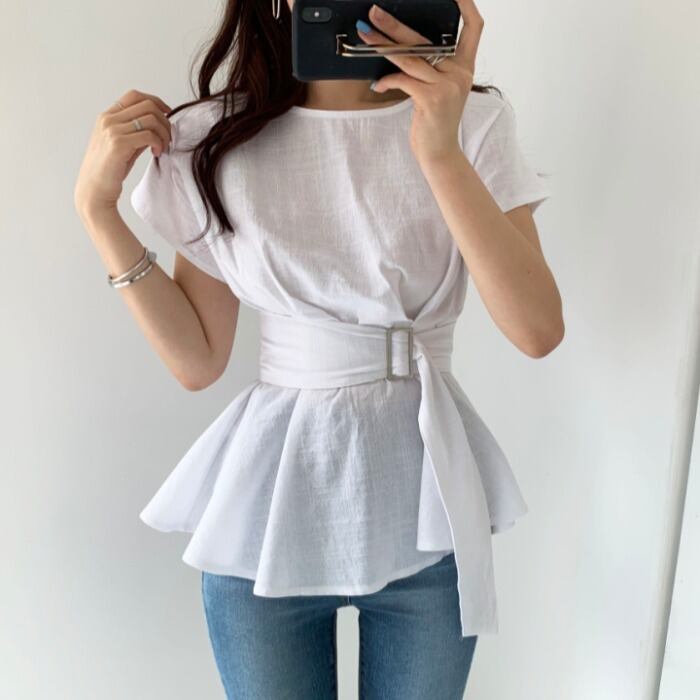 【tops】美人度アップラウンドネック半袖ファッションウェスト絞り無地ブラウスF0019