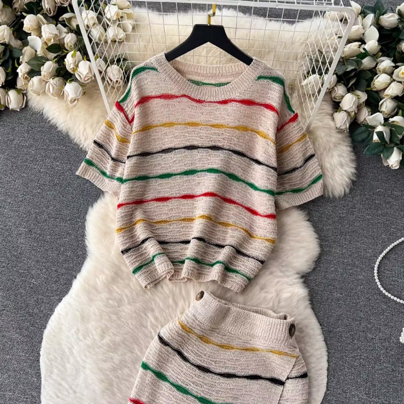 【set】ボーダー柄Ｔシャツ+スカート2点セットF7522