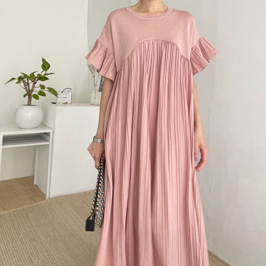 【dress】ラウンドネック半袖フリルワンピースF7349