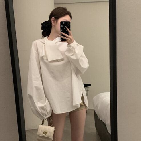 【tops】リボン付きシャツブラウス　M29627