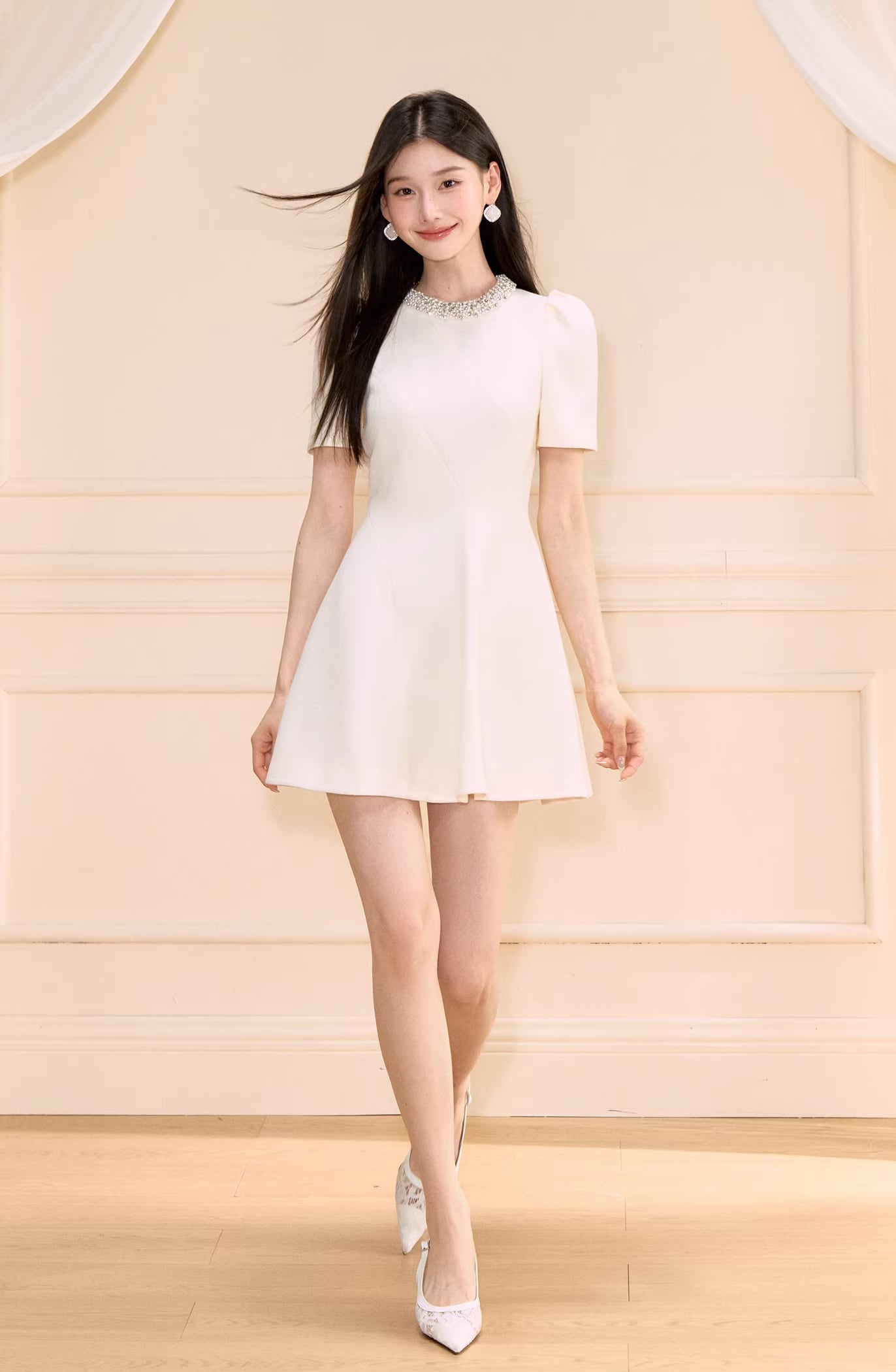 【dress】パール付きAラインフレアワンピース Q8463