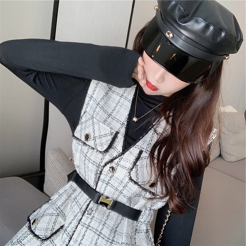 【set】オシャレ度満点〜無地着やせＴシャツ+チェック柄ベスト通勤日常ファッション2点セットF0782