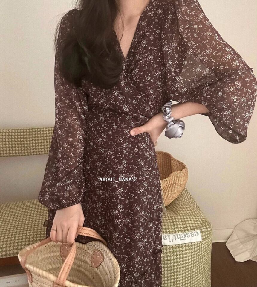 【dress】Vネックシフォン花柄ワンピース G20929