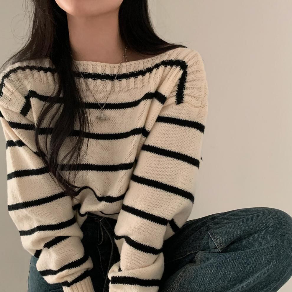 【tops】ボーダー柄ニットセーター　M27493
