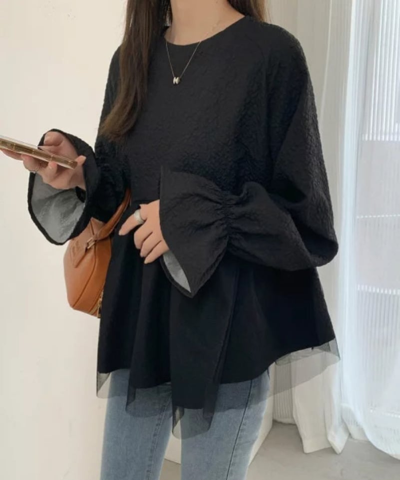 【tops】メッシュ偽二つ切り替えブラウスG20303