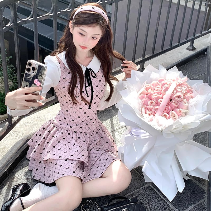 【dress】ピーターパンカラーフェイクレイヤードワンピース Q7570